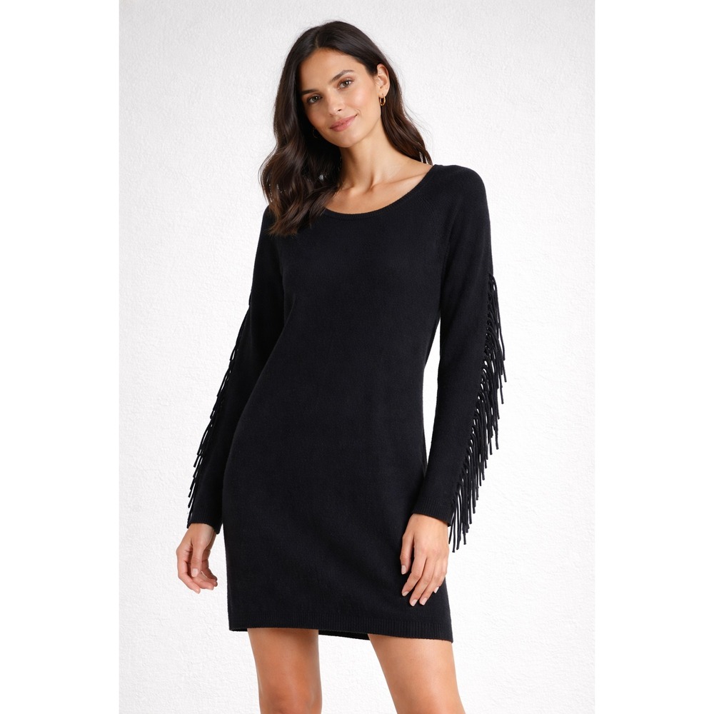 Neiman Marcus 100% Cashmere Sweater Dress Black Fringe Sleeve Women's M Boho
